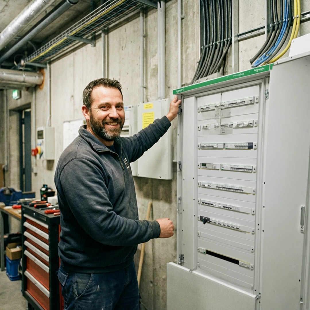 Electricien en train de travailler sur une armoire électrique