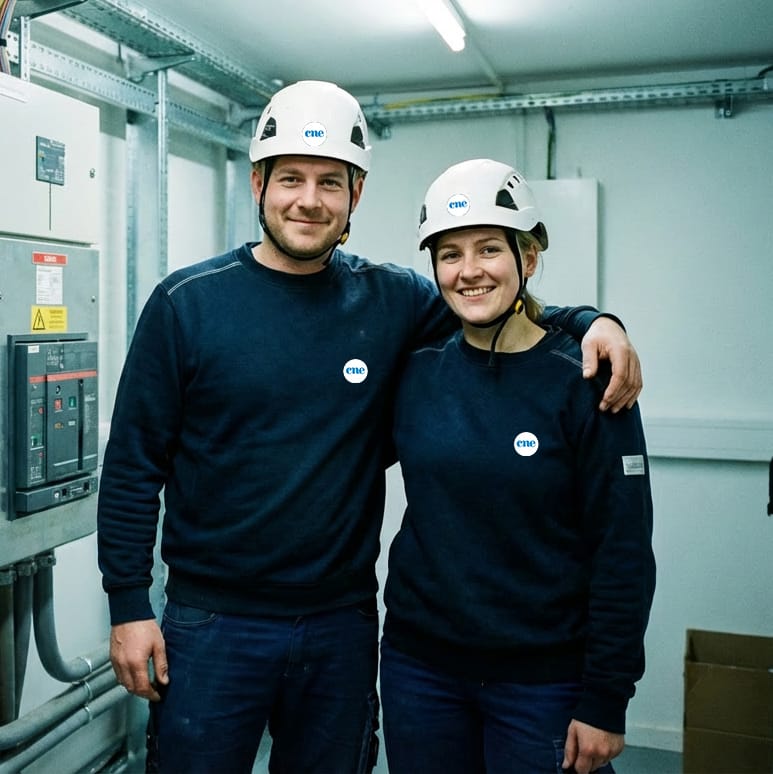 2 personnes qui travaillent pour la CNE posant sur la photo devant une armoire electrique